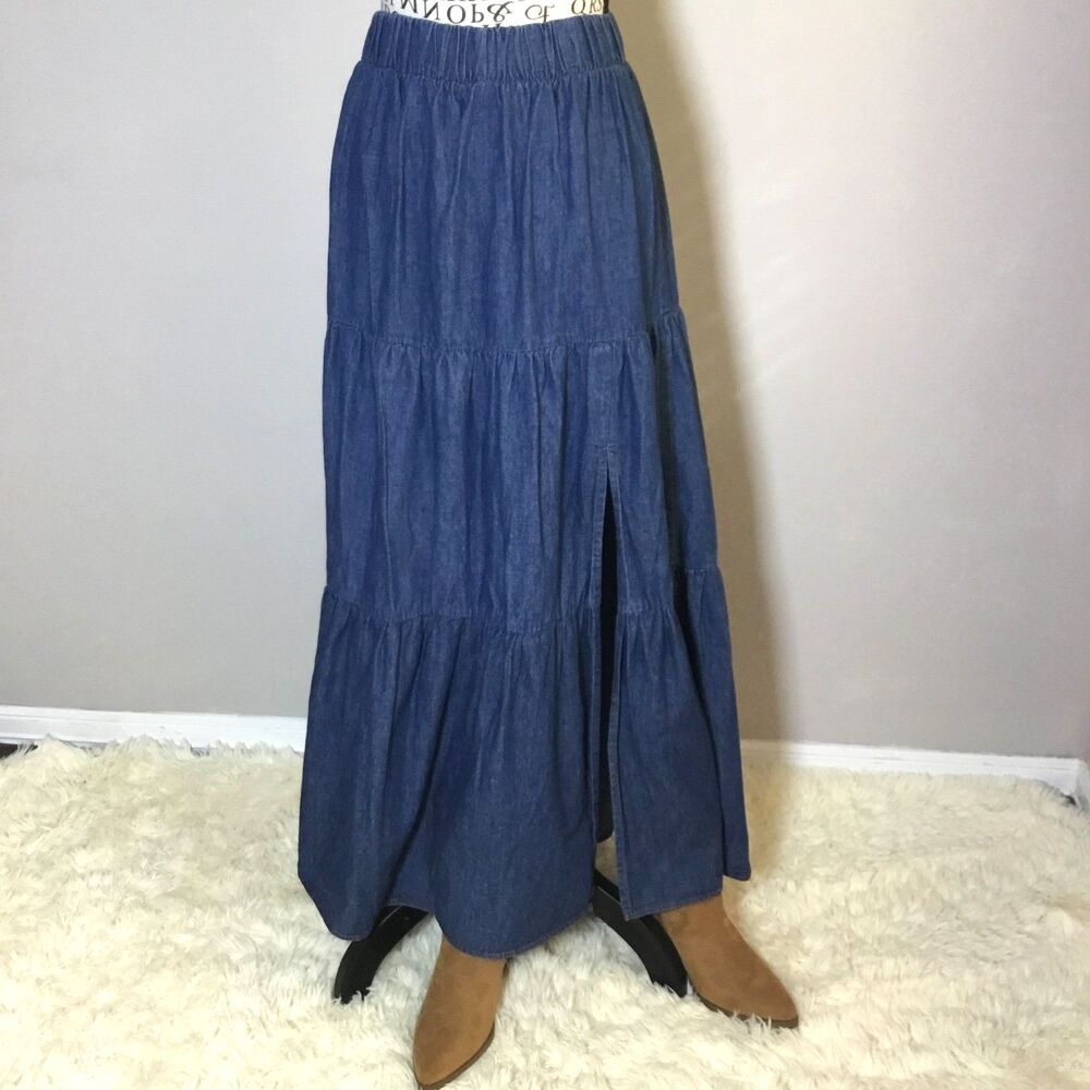 Dark blue denim maxi skirt tiered elastic waist 24"-29" front slit 100% cotton S